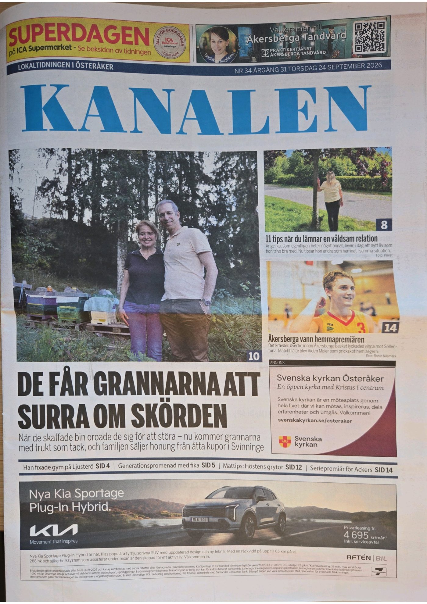 Kanalens förstasida den 24 september 2026, med Pinar och Adam Akkemik framför kuporna i skogsbrynet och rubriken De får grannarna att surra om skörden