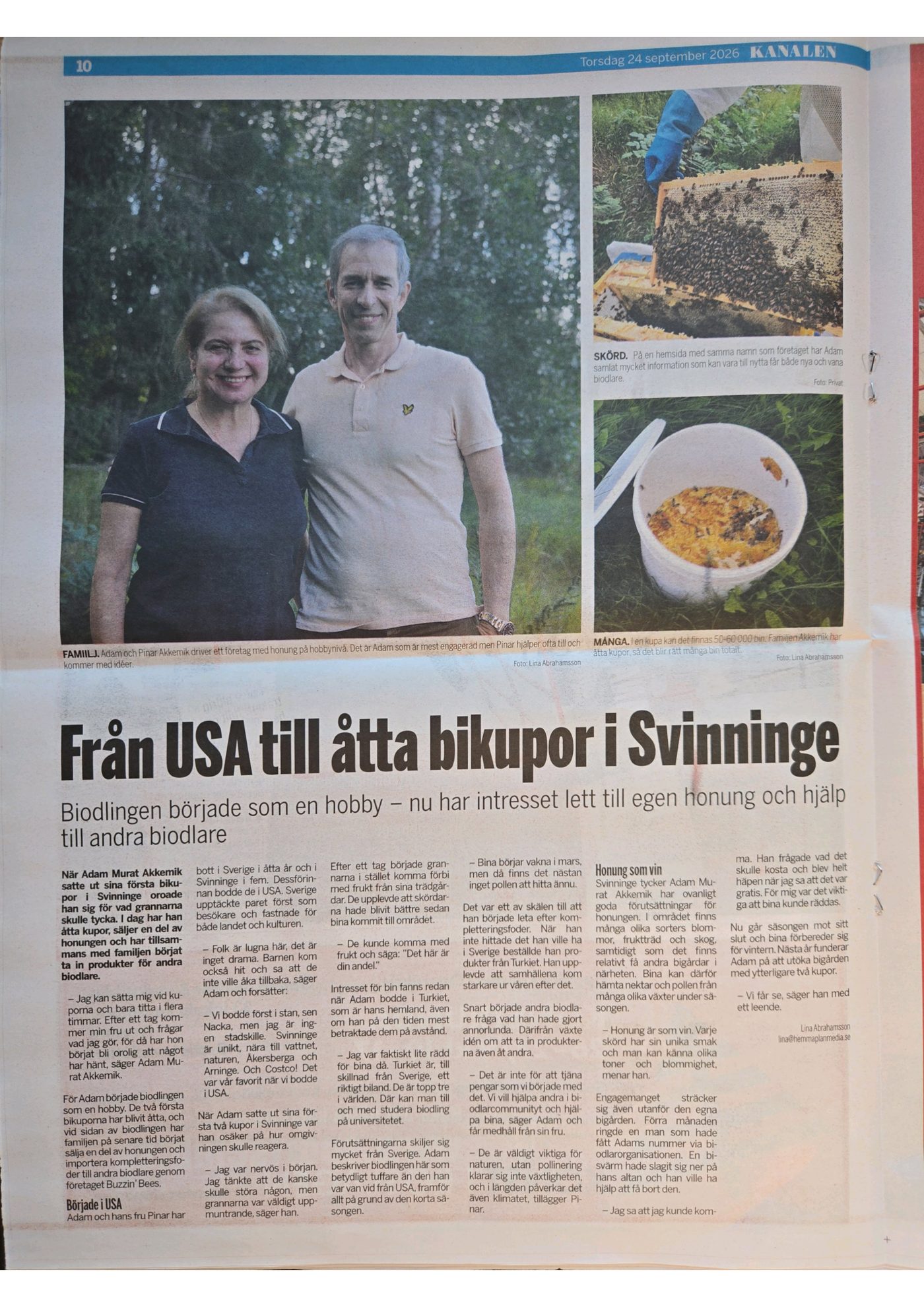 Uppslaget på sidan 10 i Kanalen, med rubriken Från USA till åtta bikupor i Svinninge och bilder från bigården